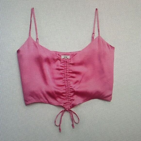 New! Aerie Satin Cinched Cropped Tank Top in Starlet Pink Size Large NWT - Picture 2 of 16